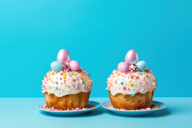 Tasty easter cupcakes on blue background