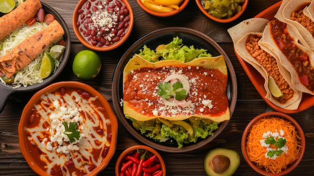 Foto enchilade gustose e fagioli fritti su uno sfondo ordinato