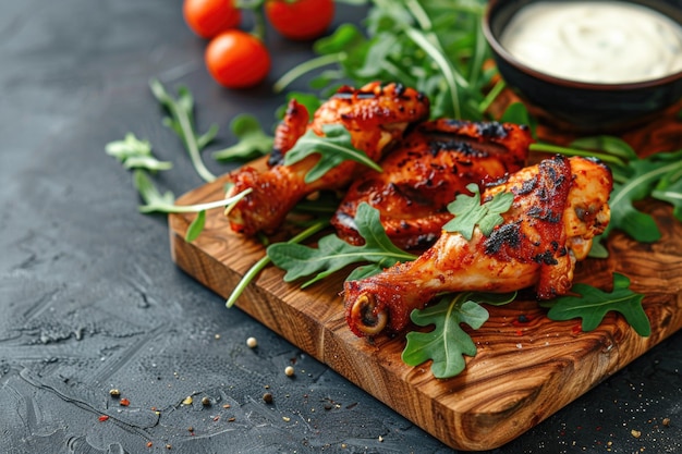 Tasty fired chicken with arugula and mayonnaise sauce served on wooden board