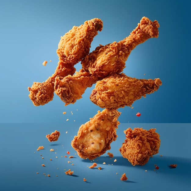 Tasty flying fried chicken isolated on dark background