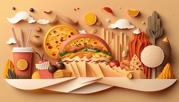 Tasty food background in paper cut style Generative AI