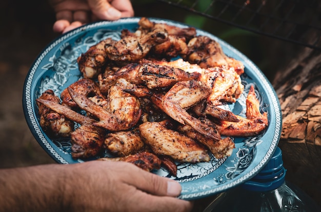 Tasty food concept. Grilled chicken wings on a plate.