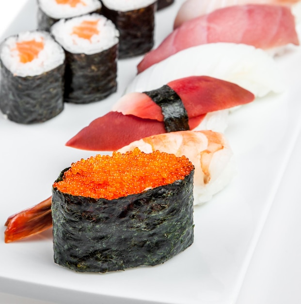 Tasty food. Sushi and Sushi Roll sea food on a white background