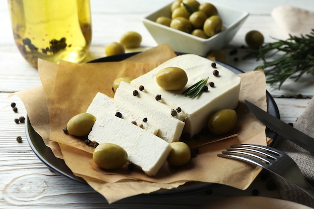 Tasty food with feta cheese, close up