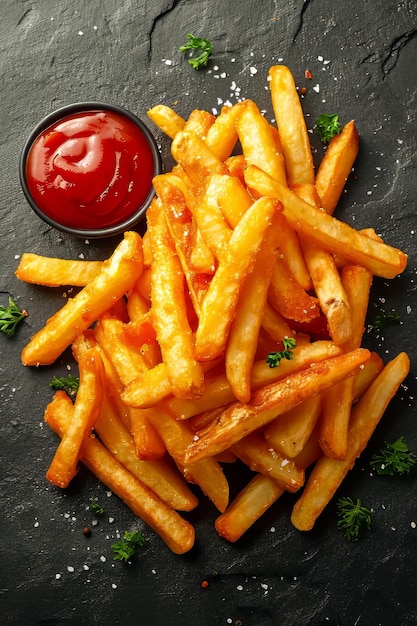 Foto deliziose patatine fritte e ketchup. delizioso cibo.