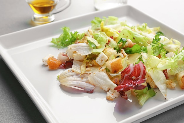 Tasty fresh chicken salad on plate