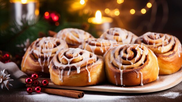 Photo tasty fresh cinnamon buns on a festive decorated table