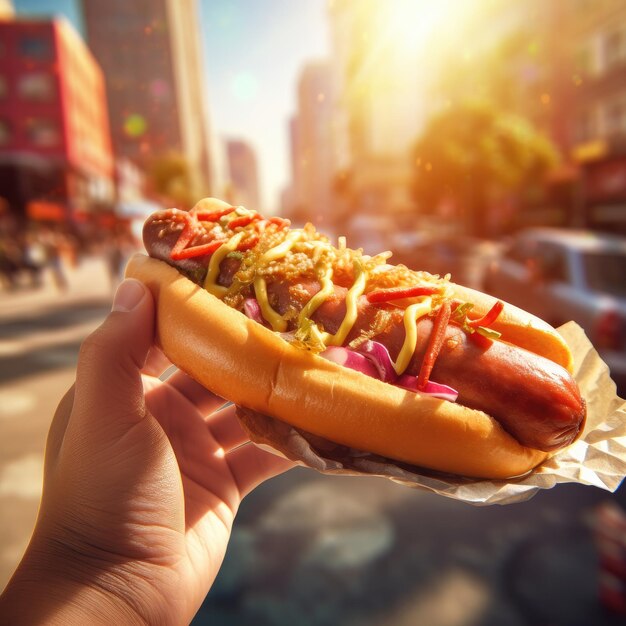 Photo tasty fresh hot dog in hand blurred city background generative ai