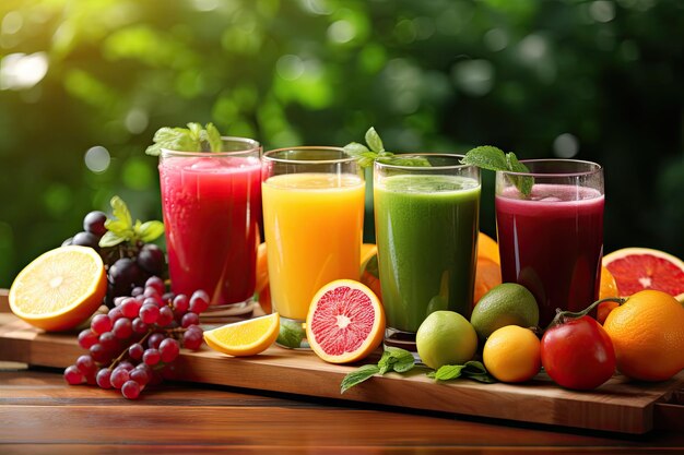 Tasty fresh juice glasses on wooden table