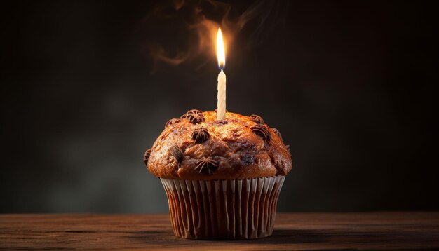 Foto un delizioso muffin fresco con una candela fiammeggiante sulla bacchetta