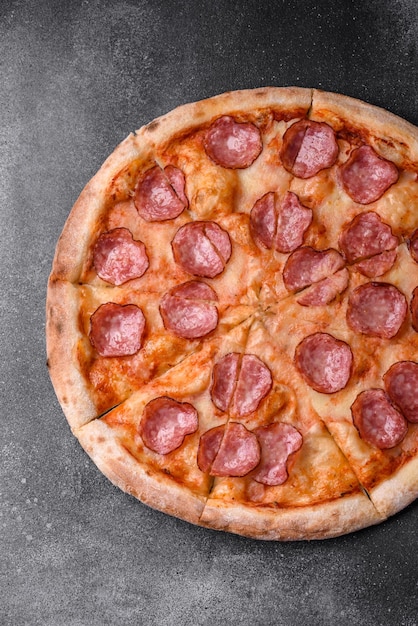 Tasty fresh pizza with salami cheese tomatoes spices and salt