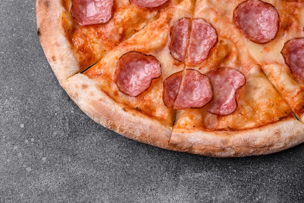 Photo tasty fresh pizza with salami cheese tomatoes spices and salt