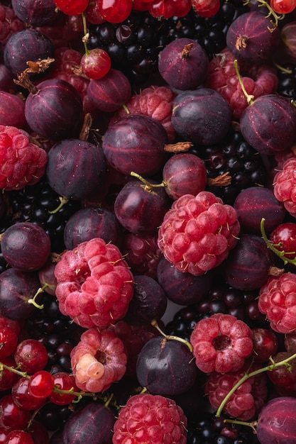 Tasty fresh ripe raspberry, blackberry, gooseberry and red\
currant berries, healthy food texture, top view macro