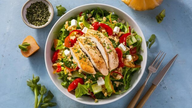 Tasty fresh salad with chicken and vegetables