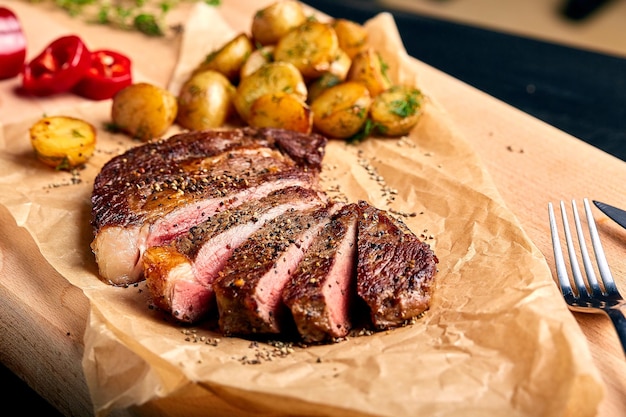 Tasty and fresh very juicy Ribeye steak from marbled beef on a wooden table with baby potatoes