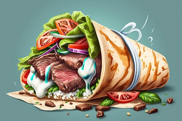 Tasty fresh wrap sandwich with beef vegetables and tzatziki sauce
