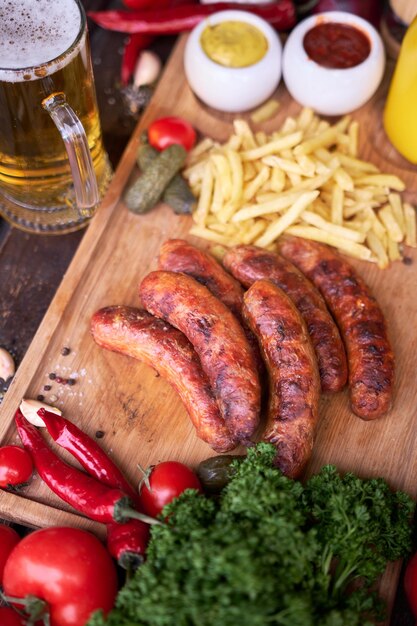 Tasty freshly grilled Sausages served with French fries and sauce on wooden board