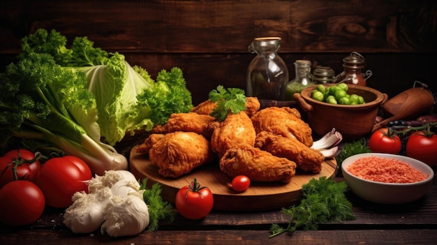 Tasty fried chicken with vegetables on wooden background