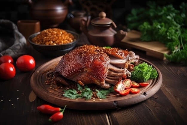 Tasty fried duck with burst of flavor from mix of spices created with generative ai