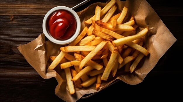 Tasty fries and ketchup minimalism potatoes on the table fast food