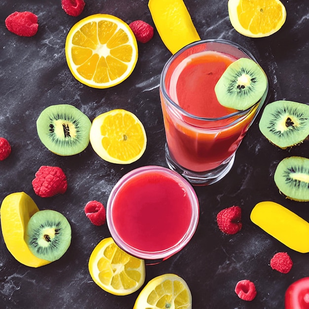 Фото Вкусные фрукты и сок с витаминами здоровый напиток генеративный ai