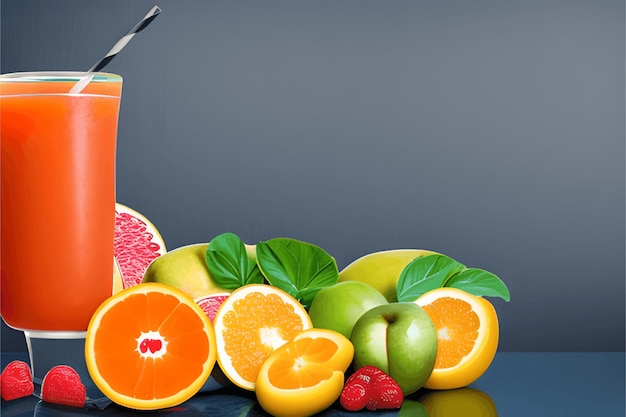 Фото Вкусные фрукты и сок с витаминами. здоровый напиток, генеративный и.и.