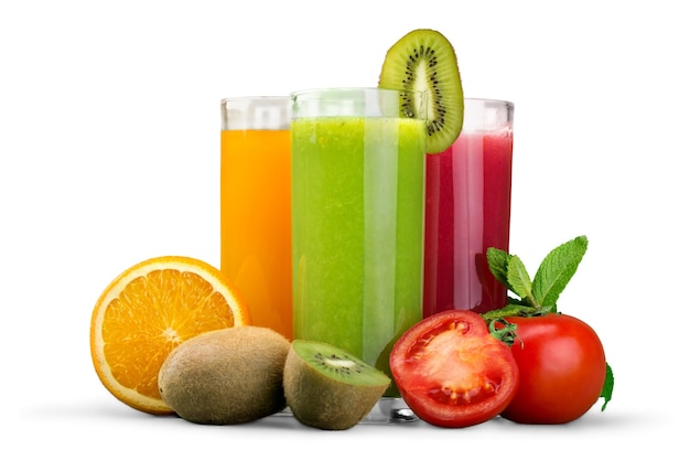 Tasty fruits  and juice with vitamins on background