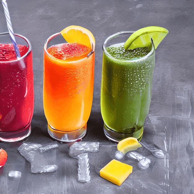 Foto frutta gustosa e succo con vitamine bevanda salutare generativa ai