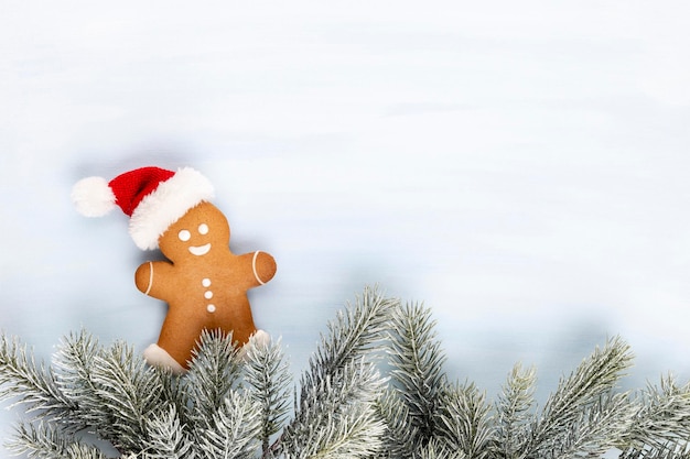 Tasty gingerbread cookies and Christmas decor on pastel background.