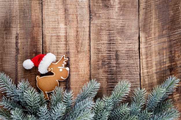 Tasty gingerbread cookies and Christmas decor on pastel background.