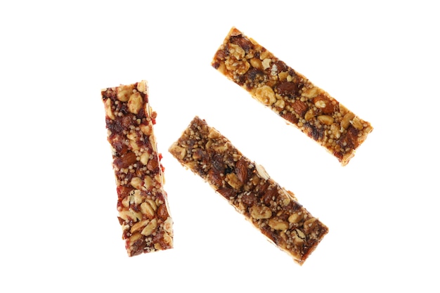 Photo tasty granola bars isolated on white background