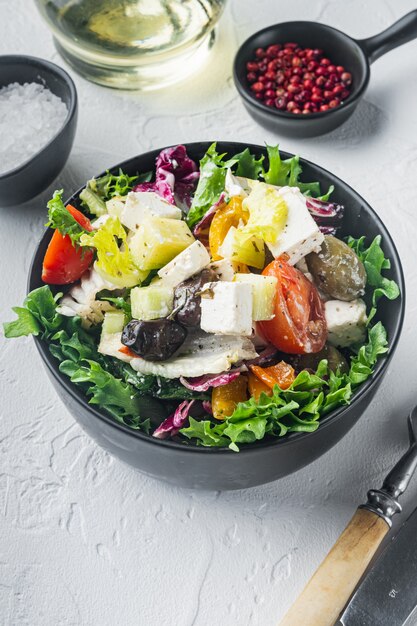 Tasty greek salad with feta, olives and tomatoes