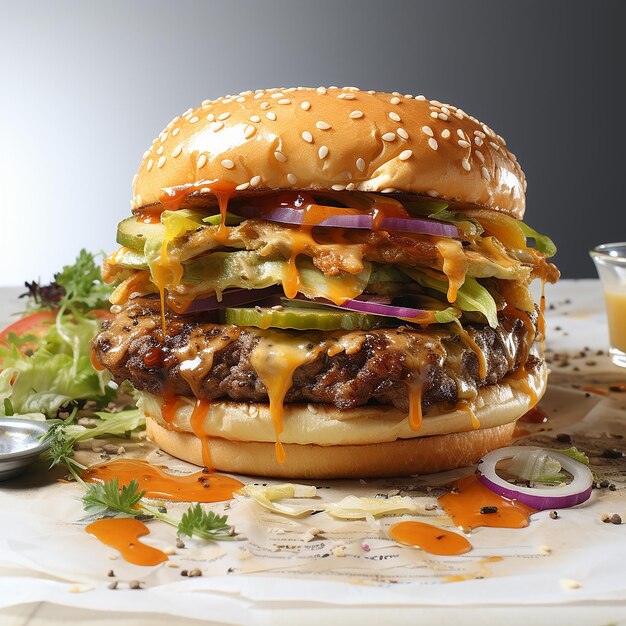 Photo tasty grilled big burger on wooden board