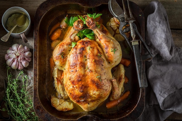 Tasty grilled chicken with thyme and garlic