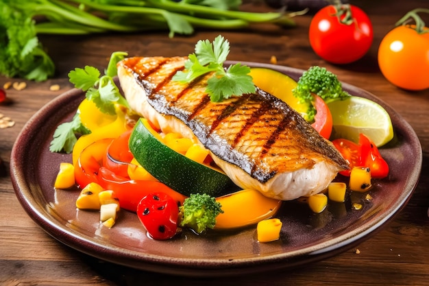 Tasty grilled dorada fish with vegetables and sauce on wooden background Ai generated