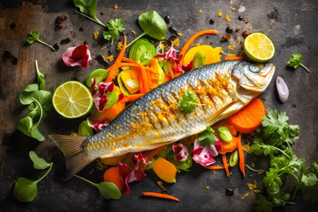 Tasty grilled dorada fish with vegetables and sauce on wooden background Ai generated