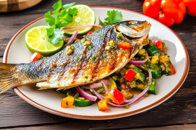Вкусная рыба на гриле с овощами и соусом на деревянном фоне.