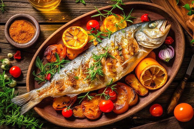 Tasty grilled dorada fish with vegetables and sauce on wooden background Ai generated