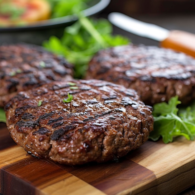 Tasty grilled hamburger patties with seasonings on wooden table closeup generate ai