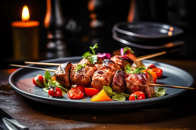 Tasty grilled meat shashlik shish kebab with vegetables on plate good food delicious food