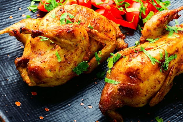 Tasty grilled quails and spring salad.Appetizing baked quail meat