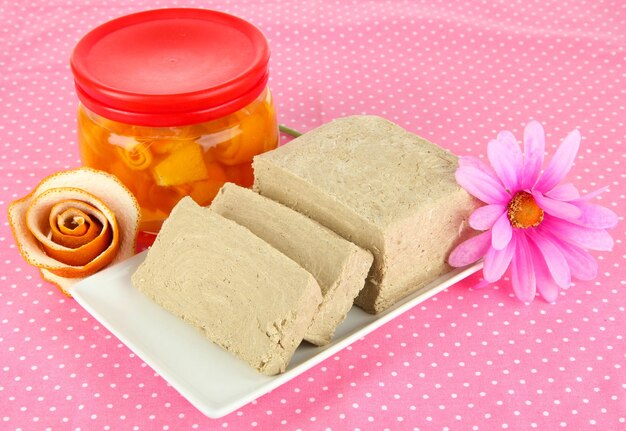 Tasty halva on table closeup