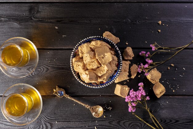 Tasty halva with tea on the table