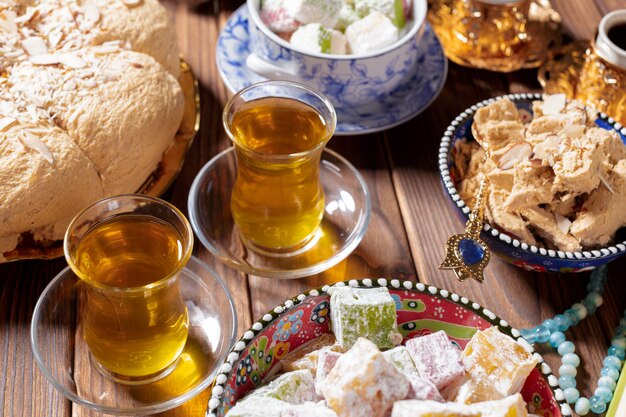 Tasty halva with tea on the table