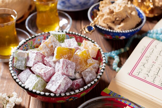 Tasty halva with tea on the table