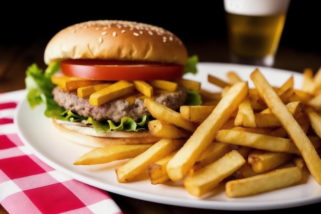 Фото Вкусный гамбургер и картошка фри на столе, сгенерированном искусственным интеллектом.