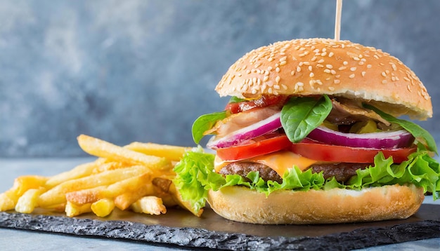 tasty hamburger and potato fries on the table with copy space