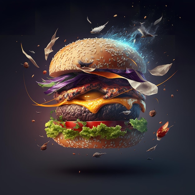 Tasty hamburger with flying ingredients on black background