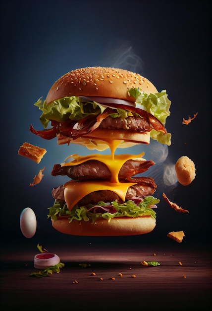 Tasty hamburger with flying ingredients on dark background ai generated