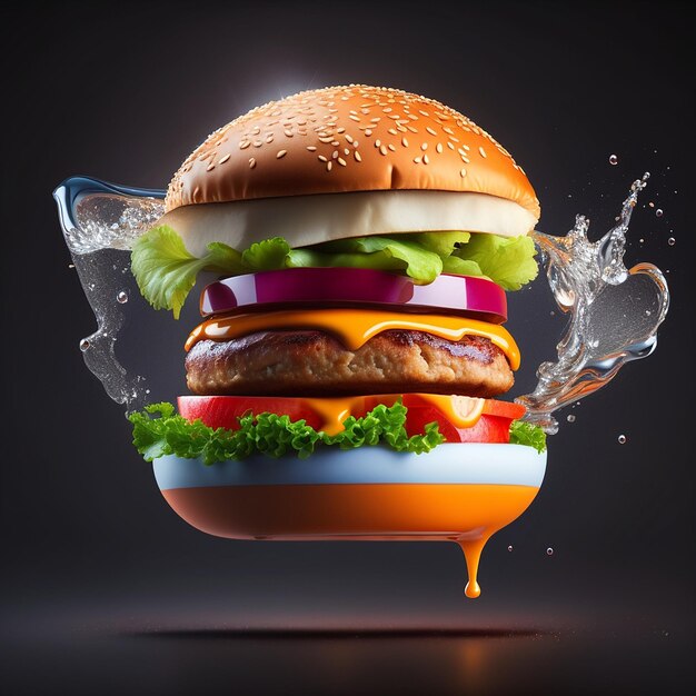 Tasty hamburger with flying ingredients and splash sauce on dark background AIGenerated